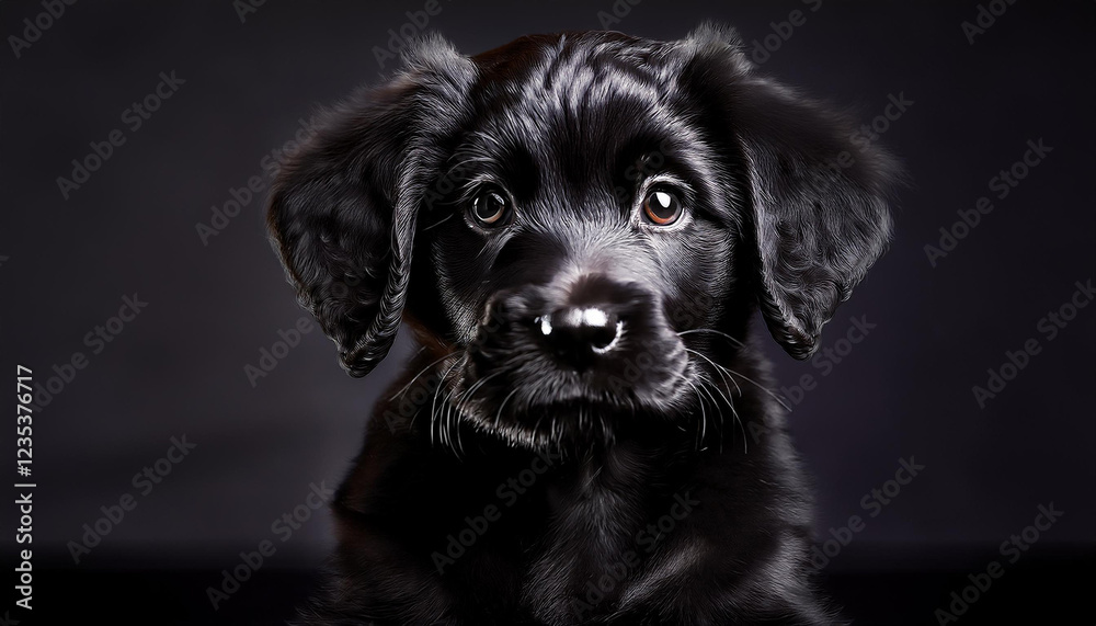 a photo picture of a playful black domestic dog sitting in the front of a dark heritage the puppy s fur glistening within the dim light a photo picture of a playful black domestic dog sitting in the front of a dark heritage the puppy s fur glistening within the dim light