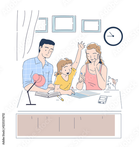Parental control concept. Woman and man doing homework with girl. Father and mother teaching daughter. Education and learning. Parenthood and childhood. Linear vector illustration