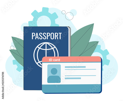 Passport and ID card. Personal documents for identity verification. Passport and drivers license, permission. Boarding and citizenship documents. Flat vector illustration