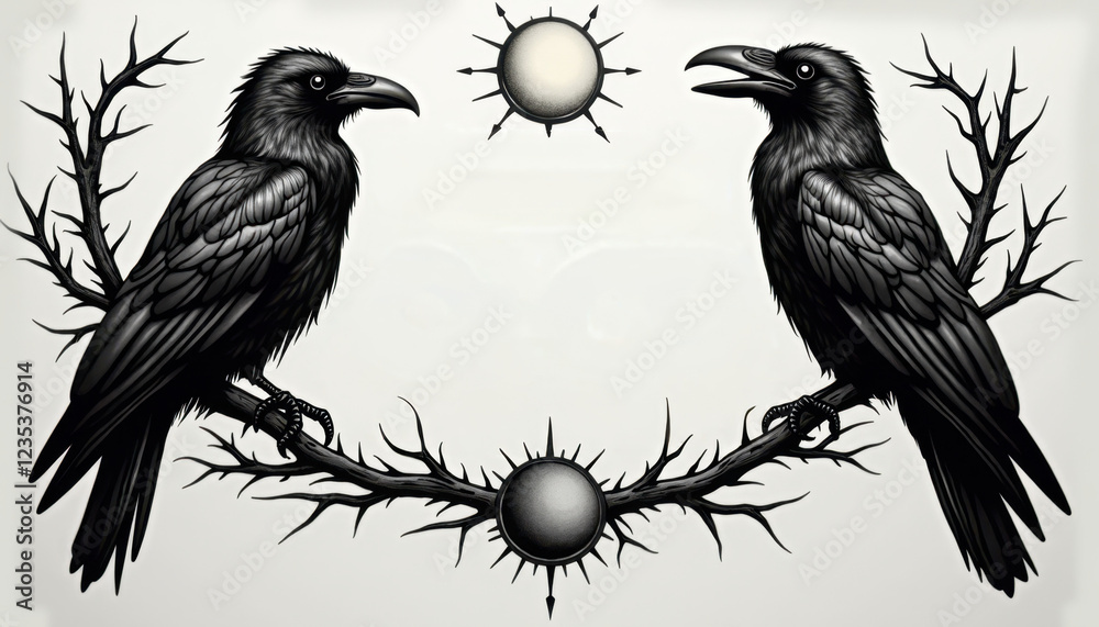 Fototapeta premium Two Ravens Tattoo with Sun and Thorny Branches