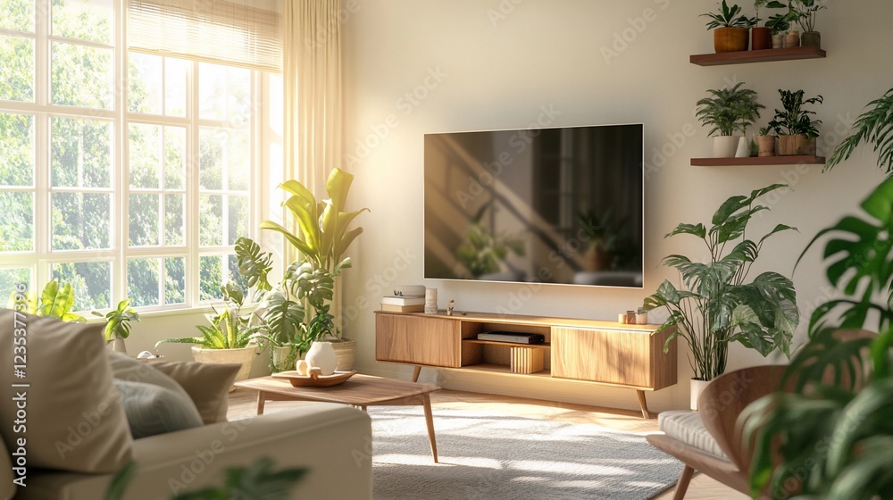 Living room with natural light and many plants in a modern home decor style with sunlight streaming in Living room with natural light and many plants in a modern home decor style with sunlight streaming in