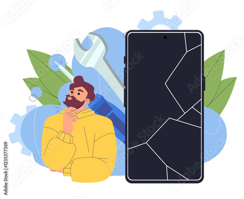 Man repair smartphone. Young guy with screwdriver and wrench near smartphone with cracked display. Repairman and engineer. Debugging and maintenance. Flat vector illustration