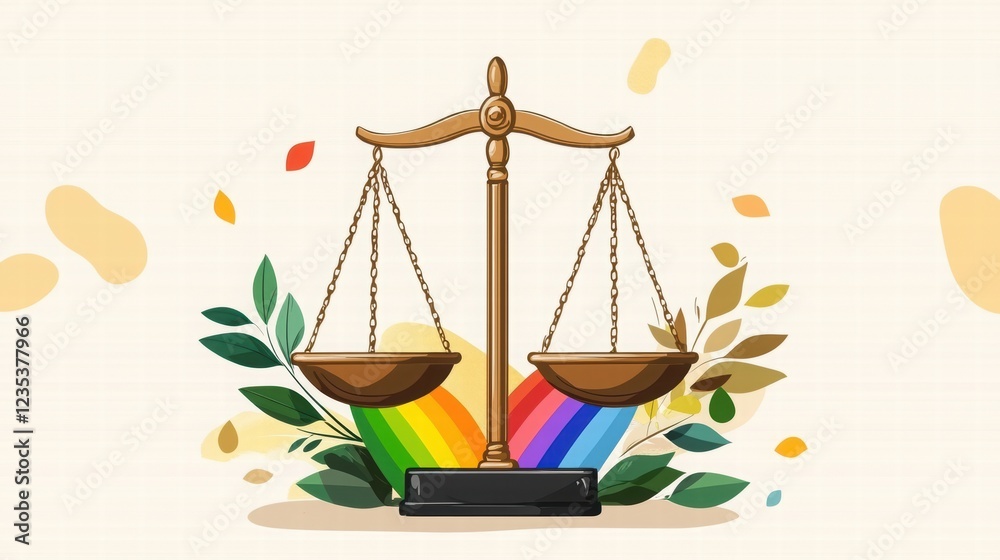 Symbol of Justice with Rainbow Colorful Scales and Nature Elements Symbol of Justice with Rainbow Colorful Scales and Nature Elements