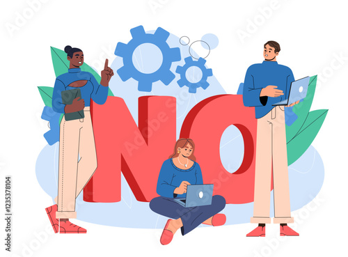 Refusal to work. Man and women near no inscription. Business team, workers and employees. Negative answer to question. Disappointed workers. Flat vector illustration