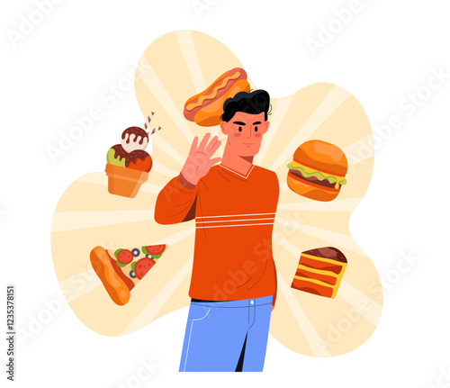 Man reject fast food. Young guy says no for pizza, ice cream, cake, hot dog and hamburger. Refusal takeaway eating and junk food. Proper diet and nutrition. Flat vector illustration