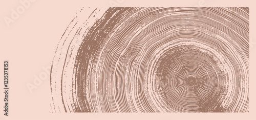 Pink brown tan stamp impression of end grain of wood slab. Tree rings ripples art with texture and cracked surface.