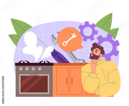 Renovation in kitchen. Man with wrench and screwdriver near faulty stove. Repair and maintenance. Repairman fixing problems in kitchen. Fitting and assembling. Flat vector illustration