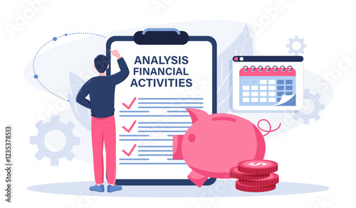Analysis financial activities. Man stands near piggy bank. Financial literacy, budgeting and accounting. Businessman assesses expenses and income. Flat vector illustration