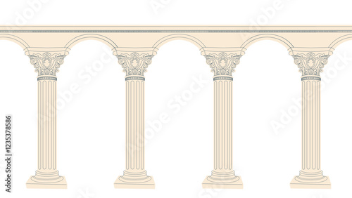 Antique columns pattern. Repeating design element for printing on fabric. Historical Roman and Greek architecture. Ancient doric and ionic facade. Flat vector illustration