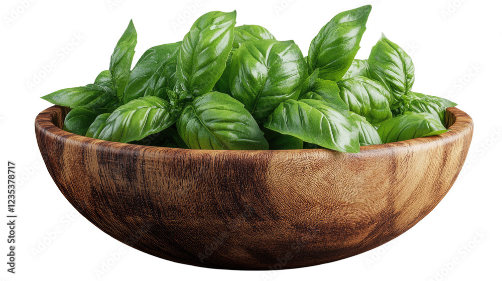 Fresh Basil in Wooden Bowl: A close-up shot of vibrant green basil leaves spilling from a rustic wooden bowl, evoking freshness and culinary delight. Fresh Basil in Wooden Bowl: A close-up shot of vibrant green basil leaves spilling from a rustic wooden bowl, evoking freshness and culinary delight.