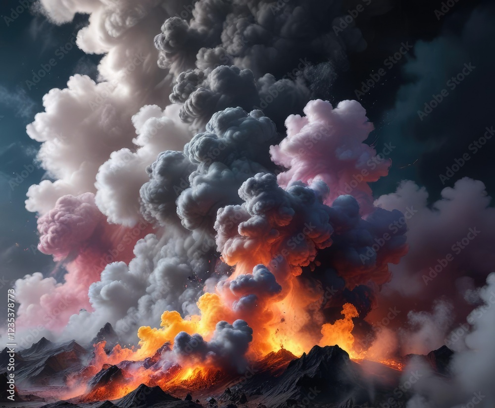 Dark mysterious surface with colorful smoking clouds that fill the air , atmosphere, surreal , dark