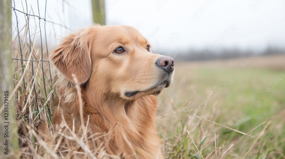 Obraz premium Golden retriever dog sitting in a grassy field next to a wire fence on an overcast day.