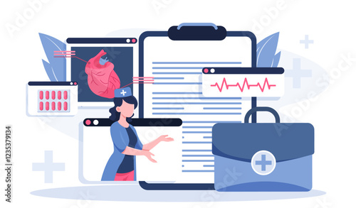 Cardiologist woman concept. Young girl in medical uniform near heart structure. Healthcare and medicine, diagnosis and treatment. Examination of internal organs. Flat vector illustration