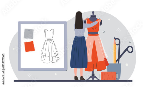 Woman sewing dress. Young girl with dummy trying red dress. Atelier and seamstress in workshop or studio. Handmade and handicraft clothes. Flat vector illustration