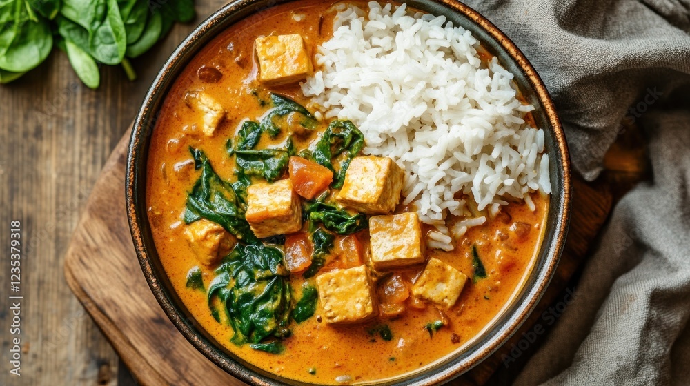 Creamy Tofu and Spinach Curry with Rice: A Delicious Vegan Meal Creamy Tofu and Spinach Curry with Rice: A Delicious Vegan Meal