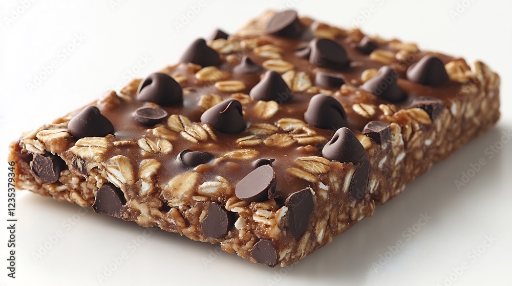 Closeup of Chocolate Chip Granola Bar on White Background Closeup of Chocolate Chip Granola Bar on White Background