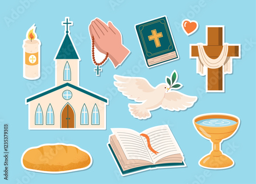 Christian stickers set. Hands with red rosary with cross, dove with branch, cathedral, church, candle and bible. Christianity and Catholicism. Flat vector collection