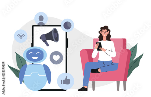 Social network bot. Woman communicate with internet bot. Artificial Intelligence and machine learning. Virtual helper and assistant. Online dialogue and conversation. Flat vector illustration