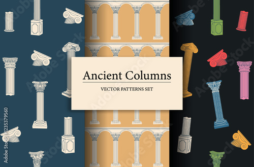 Ancient columns seamless pattern. Repeating design element for printing on fabric. Marble columns. Culture and architecture. Wallpaper and texture. Flat vector illustration