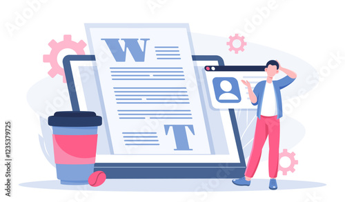 Content management online. Man reads article for website. Talented author and content creator. SEO and SMM. Promotion on social networks and Internet. Flat vector illustration