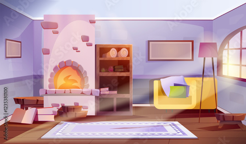 Cozy living room interior. Modern furniture. Yellow sofa, fireplace, carpet. Wooden cabinet with shelves. Comfort and coziness in apartment. Flat vector illustration
