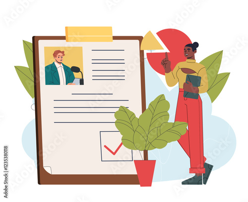 Statistics of politicians. Woman near clipboard and diagram. Political scientist studies political candidates. President and diplomacy. Knowledge and information. Flat vector illustration