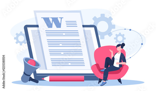 Creative content copywriting. Woman near loudspeaker and tablet with article. SMM specialist filling website with content. Author and content creator. Flat vector illustration