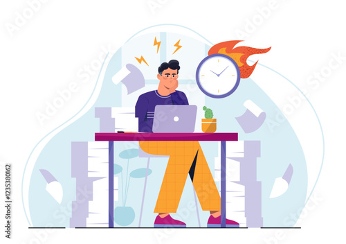 Stress at work. Man sits at his workplace near stacks of documents and burning clock. Overworked employee with emotional burnout. Bad time management, deadline pressure. Flat vector illustration
