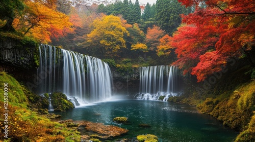 Autumn Waterfall in Japan, colorful foliage, misty scene, travel photography