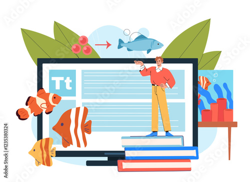 Study of fish. Man near reed and blue fishes near computer screen. Anatomy and biology. Wildlife and aquatic ecosystem. Oceanographer studying underwater world. Flat vector illustration