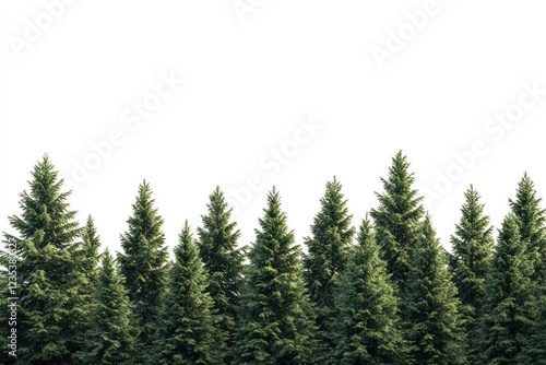 Evergreen trees forest border, white background, nature, design