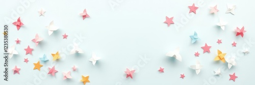 Delicate paper cutouts in various colors and sizes scattered across a smooth abstract background with an origami-inspired theme, visual interest, creative composition, colorful shapes photo