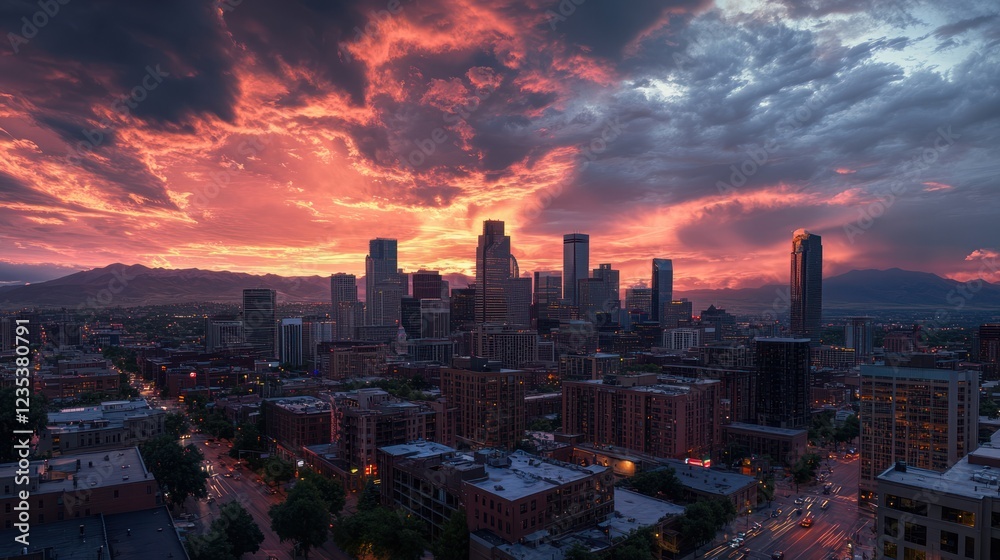 Fototapeta premium Denver Skyline at Sunset: A Dramatic Cityscape