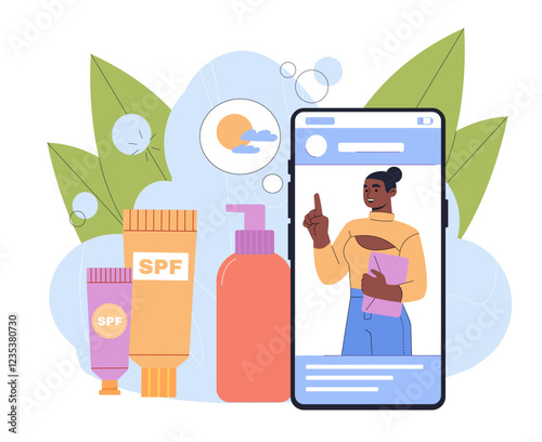 Woman analyzing sunscreens. Young girl on smartphone screen with bottles of spf. Cosmetics products for skin protection from ultraviolet. Cosmetology and dermatology. Flat vector illustration
