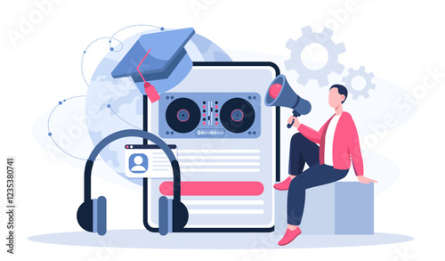 DJ online platform service. Man with loudspeaker sitting near headphones and radio, graduate hat. Fun and entertainment. Nightclub on internet. Disc jockey. Flat vector illustration