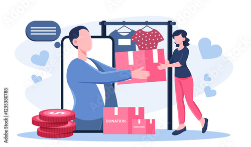 Clothes donating concept. Woman and man fill box. Charitable Organization Volunteers. Kindness, generosity and charity. Help and support for poor. Flat vector illustration