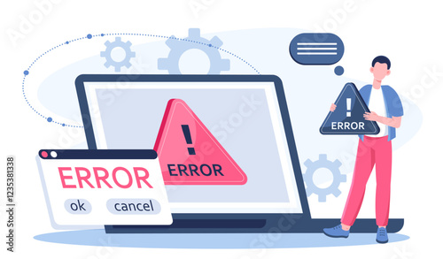 Error message on laptop. Computer outage. Issue and technical problems. Errors in code. Programmer and IT specialist, system administrator with computer. Flat vector illustration