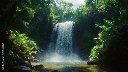 Lush rainforest waterfall, sunlit pool, tropical plants
