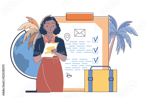 Concept of tourism. Woman with baggage and planning list. Travel and trip, journey. Holiday and vacation. Tourist prepares for trip, makes plan. Linear vector illustration