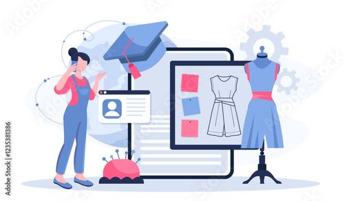 Fashion designer online. Woman near mannequin with dress. Handmade and handicraft clothes. Fashion and style. Aesthetics and elegance. Tailor and seamstress. Flat vector illustration