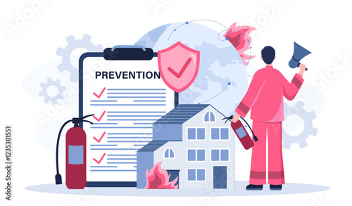 Fire prevention concept. Man in uniform with fire extinguisher puts out fire in house. Safety and prevention of accidents and disasters. Fireman at workplace. Flat vector illustration