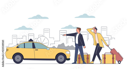 Tourists hitchhiking concept. Two men with baggage or luggage near car. Trip with transport or vehicle. Holiday and vacation. Travel and journey. Linear vector illustration