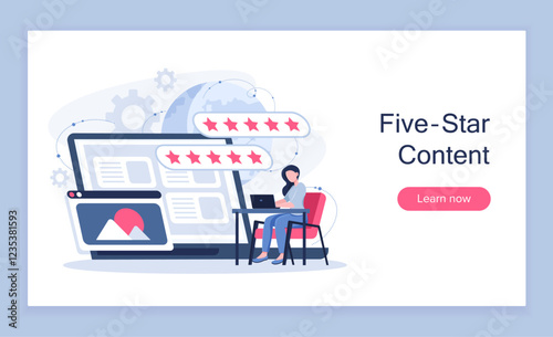 Five star content poster. Woman with laptop near article with rating. Ranking and users opinion, feedback. Talented author. Landing webpage design. Flat vector illustration