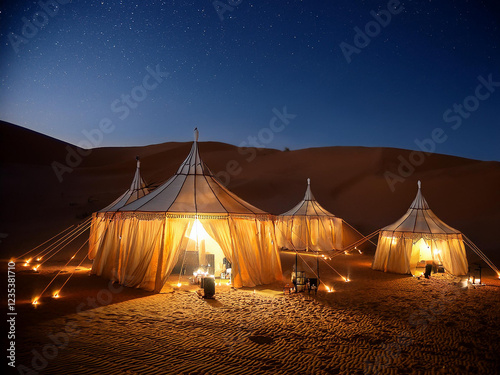 Desert Night Luxury:  Three opulent desert tents illuminate the night under a starlit sky, promising a unique and luxurious escape in the vast expanse of the Sahara.