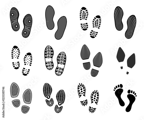 Set of footprints. Men and women foot prints. Barefoot and shoes traces. Silhouette of sneakers and boots. Casual and formal footwear. Flat vector collection