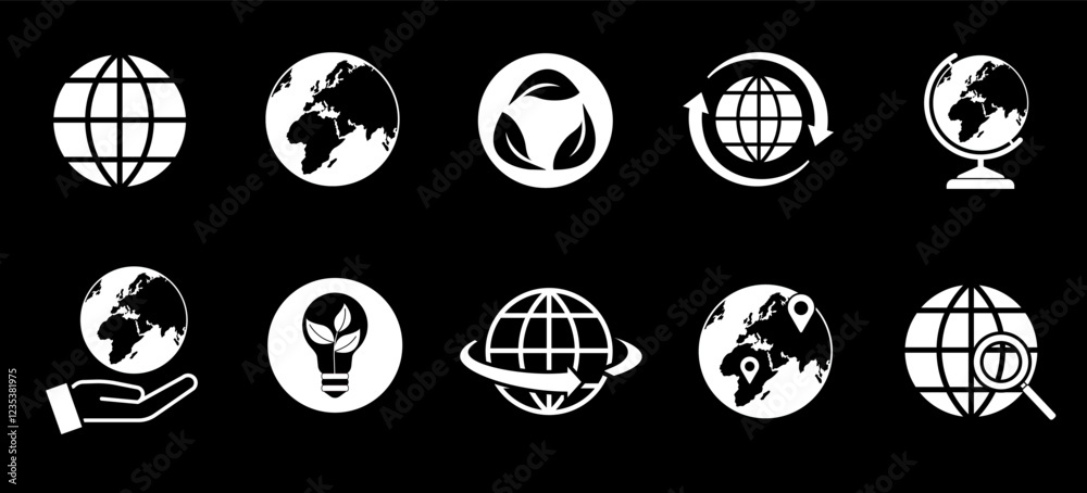 Globe earth icons set. International global business. Geography and globalization. Import and export. Graphic elements for website. Flat vector collection Globe earth icons set. International global business. Geography and globalization. Import and export. Graphic elements for website. Flat vector collection