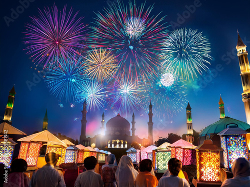 Vibrant Eid celebration with colorful lanterns and fireworks photo