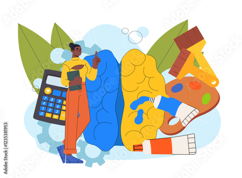 Woman with two parts of brain. Young girl near creative and logical part of brain. Creativity and logic. Emotional and intelligence. Two types of thinking. Flat vector illustration