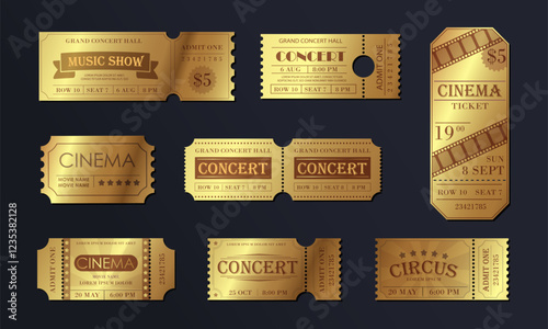 Golden tickets set. Pass to theater, circus or cinema. Music show or concert. Entertainment and fun. Cultural recreation. Realistic vector collection