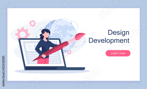 Graphic designer poster. Woman with paintbrush on laptop. Freelancer and remote worker. Digital artist creates website graphics. Landing webpage design. Flat vector illustration